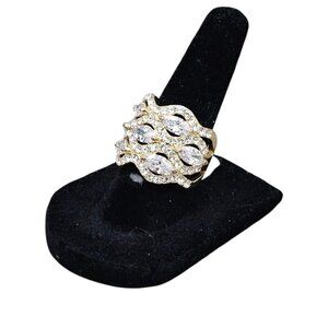 Vintage Gold Tone Multi Row CZ Diamond Cluster Chunky Wide Statement Ring